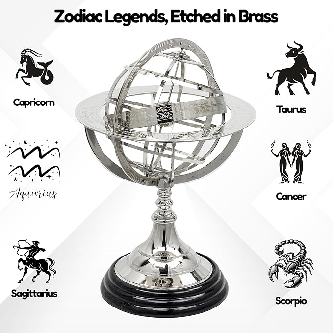 Antique Vintage Zodiac Armillary Brass Sphere Globe Wooden Display | Pirate's Antique Ship Decor | Nagina International (Large, Nickel Plated)