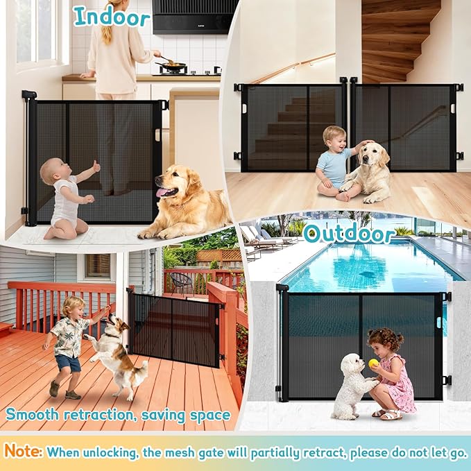71'' Retractable Baby Gates Extra Wide for Stairs, 42" Tall Black Mesh Dog Child Pet Safety Indoor Outdoor Retractable Gate for Doorways, House, Hallway, Deck with Reinforcement Strips