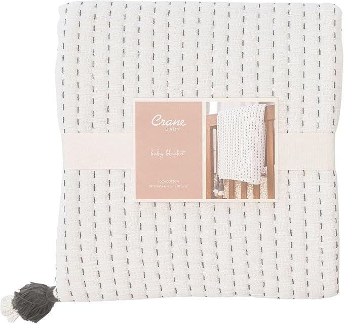 Crane Baby White and Black Stitched Stripe Blanket, Soft Cotton Nursery and Stroller Blanket, 100% Cotton, 36" x 36"