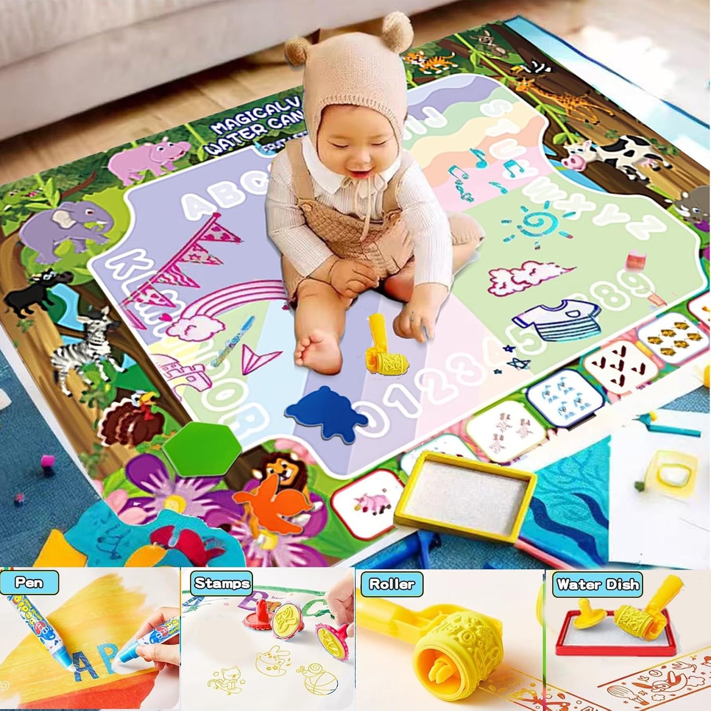 Water Doodle Mat - Magic Water Drawing Mat with Stamps, Roller & Backpack Big Enough Space for 2-3 Kids to Draw Together | No Mess Travel Toy Gift for 3 4 5 6 7 8 Year Old Girls Boys