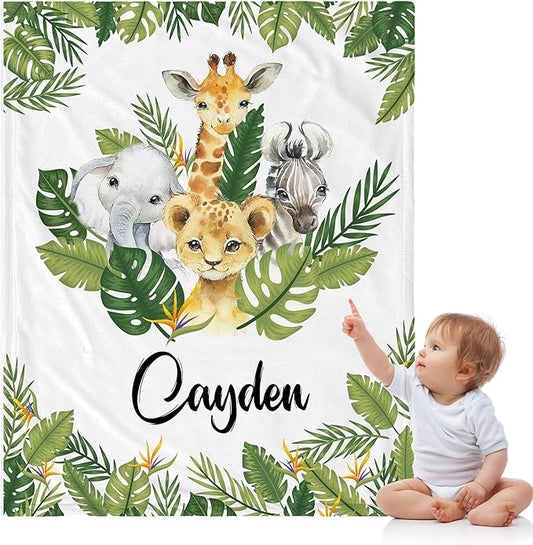 J&SBGFT Personalized Baby Blanket for Boys,Custom Baby Blanket with Name, Customized Name Blanket Receiving Blankets for Toddlers Kids Nursery Stroller Crib Decor Throw,Safari Animal Leaf
