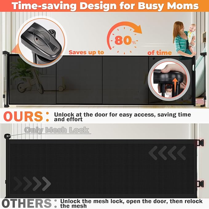 Retractable Baby Gates Dog Gate - 200" Extra Wide Expandable Child Safety Gate, 37" Tall Toddler Pet Mesh Gate with Reinforced Strips for Doorways, Stairs, Hallways, Outdoor & Indoor Large Openings