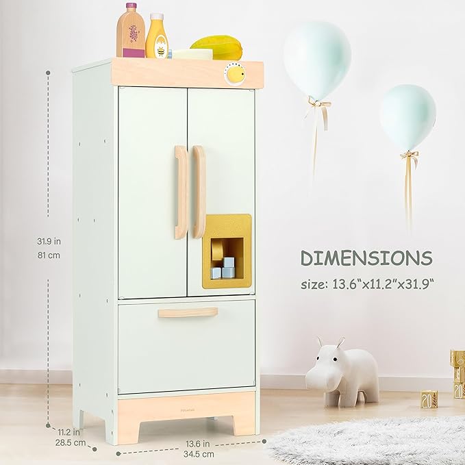 Wooden Play Refrigerator with Ice Maker – Mint Green Kids Fridge Toy, 4 Wooden Ice Cubes & Cup, Quiet Click Handle, Montessori Pretend Play for Toddlers 3+