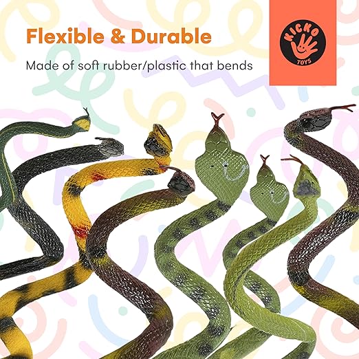 Kicko 12 Pack of 14 Inch Assorted Rubber Toy Snake - Soft Flexible Realistic Fake Floating Plastic Snakes - Colorful Bulk Small Sizes Set for Reptile School Collection, Birthday Party, Halloween Props