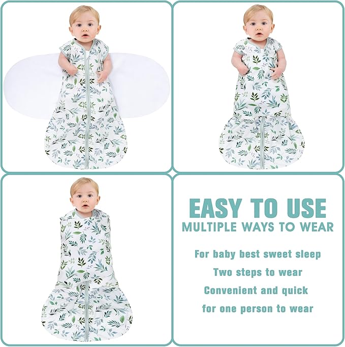 Newborn Sleep Sack Baby Swaddle,Swaddle me 0-3 Month,3-Way Adjustable Wearable Blanket,100% Rayon Cotton Swaddling Sleeping Bag，TOG 0.5 (Leaf, 0-3 Months)