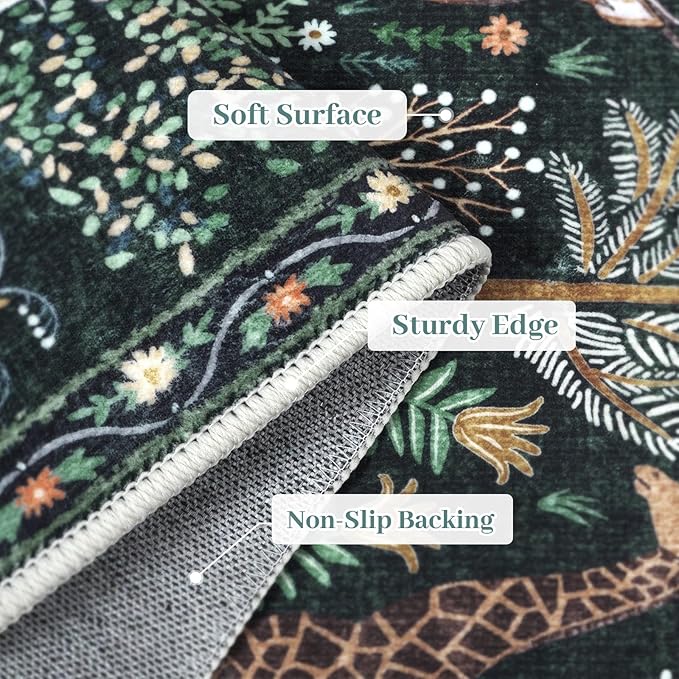 OJIA Jungle Print Nursery Rugs 8x10 Kids Room Rugs for Living Room Playroom, Green Soft Bedroom Rug Washable Area Rugs 8x10, Modern Dining Room Rug Stain Resistant Floor Carpet for Office, Green