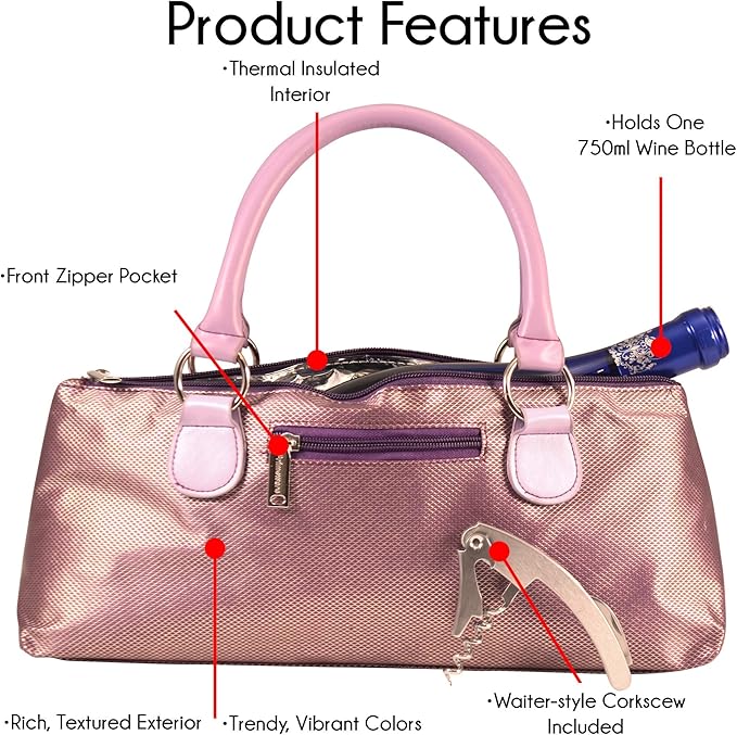 Wine Clutch Bag (Thermal Insulated) Trendy Women’s Carry Tote | Holds Red & White 750mL Bottles | Trendy Fashion | Incl. Portable Waiter-Style Corkscrew