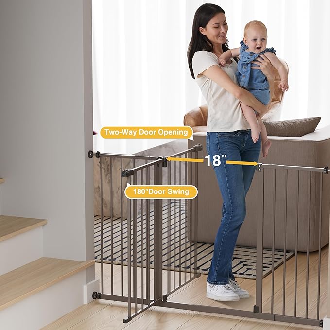 InnoTruth 29.5–49.75" Extra Wide Baby Gate for Stairs, 30" Tall Walk Through Dog Gate for Stairs & Doorways, Pressure-Mounted Safety Gate for Pets & Kids, Dual Lock & 2-Way Swing, Brown