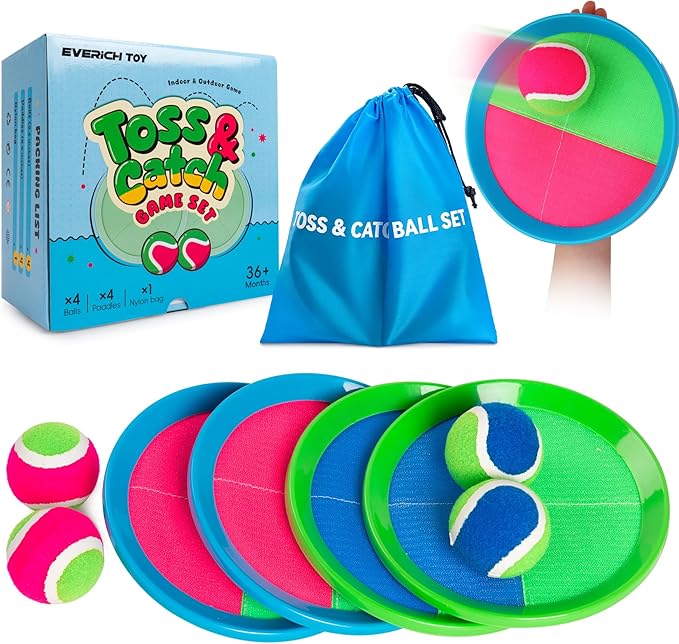EVERICH Upgraded Toss and Catch Ball Game Set, Outdoor Games for Kids Outdoor Toys Yard Games, Beach Pool Toys for Adults Family 4 Paddles 4 Balls, Great Gifts for Boys Girls 3 4 5 6 7 8-12 Years Old