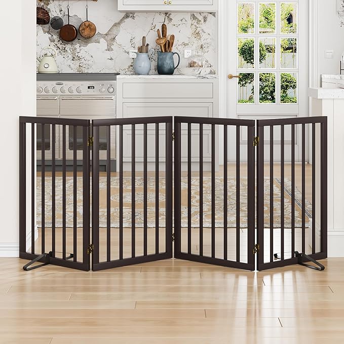 Dog Gate for Doorways 32" Tall Freestanding Dog Gate for Stair Foldable Pet Gate for Dogs Indoor (Brown,4 Panel)