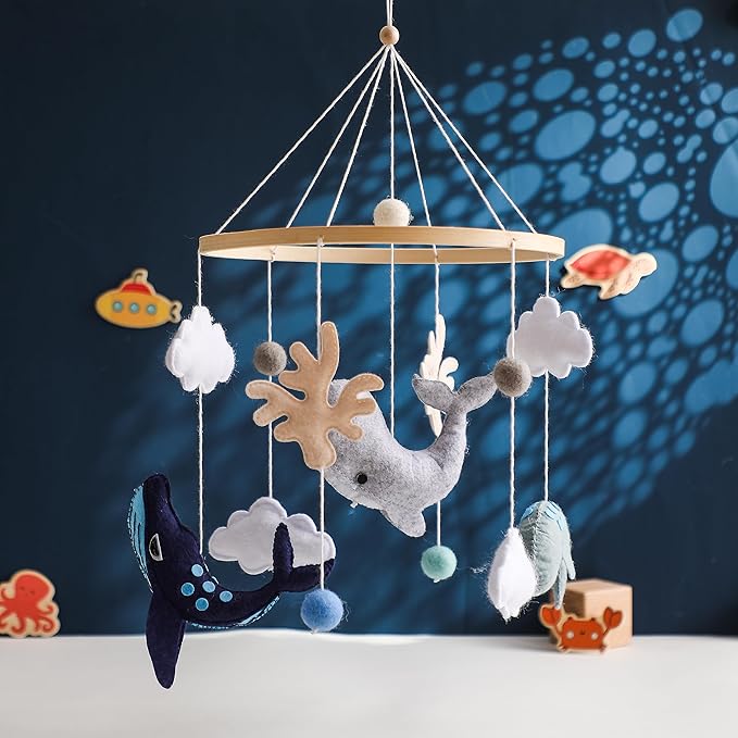 Montessori Baby Mobile for Crib Ocean Animals Crib Mobile Woodland Nursery Decor Soothe Toys for Ceiling Hanging Felt Ball Sea Blue Whale, White Clouds Baby Shower for Boys Girls Gifts