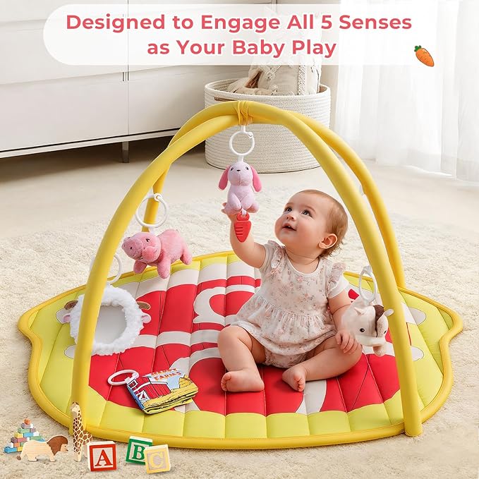 IPOZITO Baby Play Mat with Hanging Rattles, Baby Activity Mat for Sensory Development, Baby Tummy Time Play Mat to Improve Motor Skills and Visual Tracking