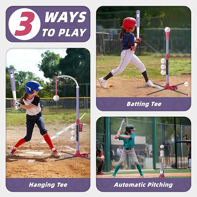 3-in-1 T Ball Set - Adjustable Height, Hanging Tee Ball Set with Automatic Pitching Machine/6 Balls/Retractable Bat, TBall Stand Suit for Outdoor, Sport Toys Gifts for Kids Girls Age 3+