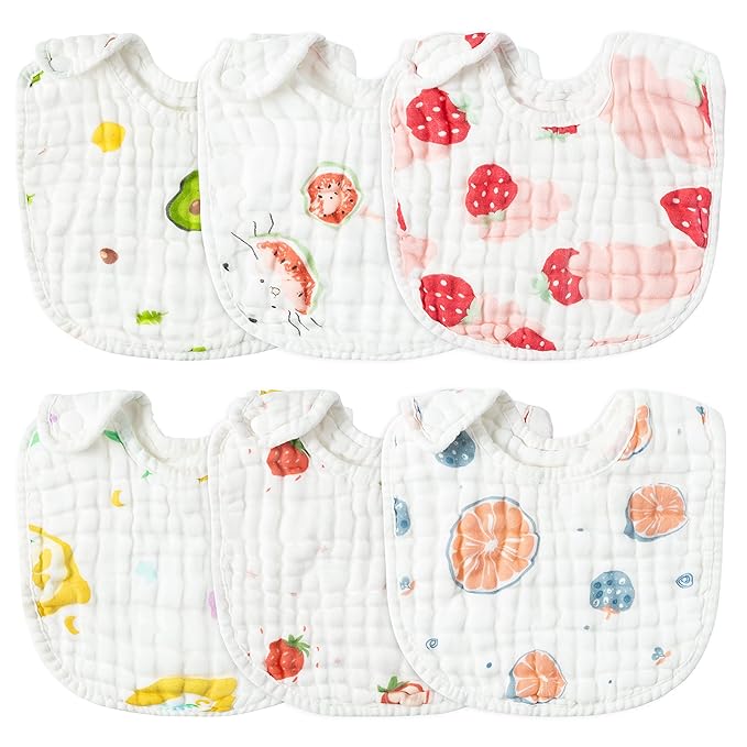 Zainpe 6Pcs Snap Muslin Cotton Baby Bibs Strawberry Lemon Avocado Pattern Infants Feeding Bib Adjustable Machine Washable Unisex Burp Cloths with 6 Absorbent & Soft Layers for Drooling and Teething