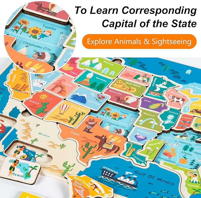2 Pack Puzzles for Kids Ages 4-6, Wooden Puzzles for Toddlers, Busy Board, Map Jigsaw Puzzle Educational Wood Floor Puzzle, World USA Maps Puzzles Toy Gift for Boys and Girls (US & World Map)