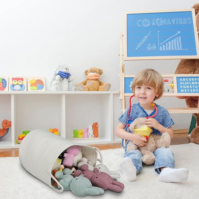 Cotton Rope Laundry Basket Hamper for Clothes Decorative Woven Storage Basket for Living Room Bedroom Boho Tall Rope Baskets for Blanket Toys Baby Nursery Hamper Bin Large white