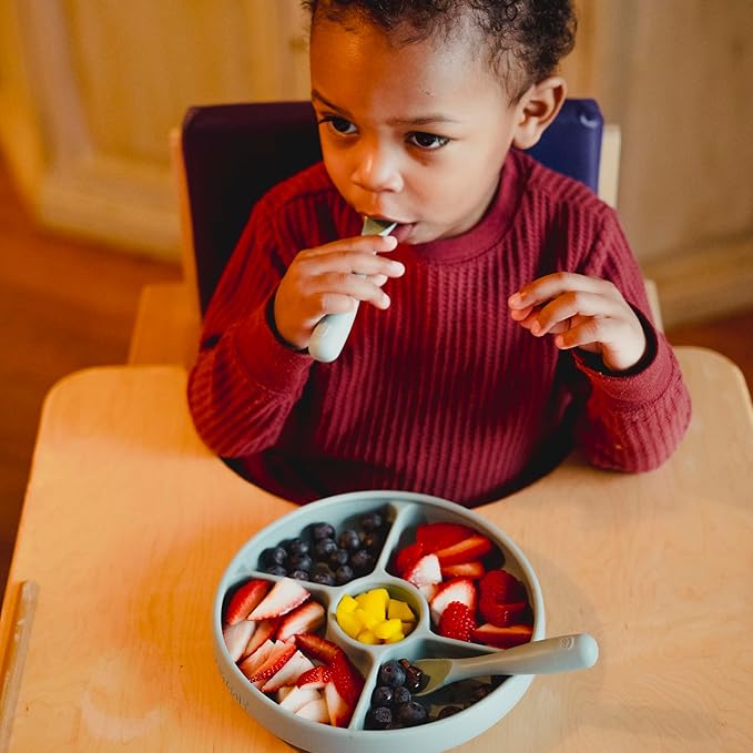 Talktools Bitsy Feeding Kid's Essentials Plate Set – Toddler Utensils, Spoon and Fork, Plate Lid, Perfect for Mealtime – Strong Suction Toddler Plates with 4 Compartments (Spoon/Fork-Cloud)