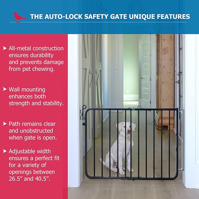 Cardinal Gates MG15 Auto-Lock Baby Gate for Stairs- Adjustable Indoor Dog Gate - Made of Aluminum to Ensure Kids & Pets Safety - 26.5 to 40.5 Inches Wide - Black - USA Based Company