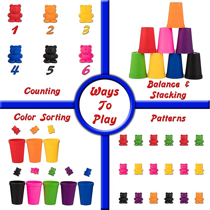 Colorful Counting Bears with Matching Cups - 80 Bears - Sort, Count & Color Recognition Learning Toy for Toddler & Kids - Montessori Education - Preschool Game