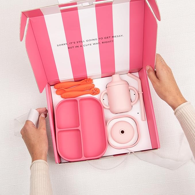 Bella Tunno Little Bites Bundle – Baby Feeding Set and Baby Led Weaning Supplies with 1 Baby Bowl, 1 Baby Plate, 3 Baby Utensils, 1 Cup, 2 Lids, 100% Food-Grade Silicone (Garden Party)