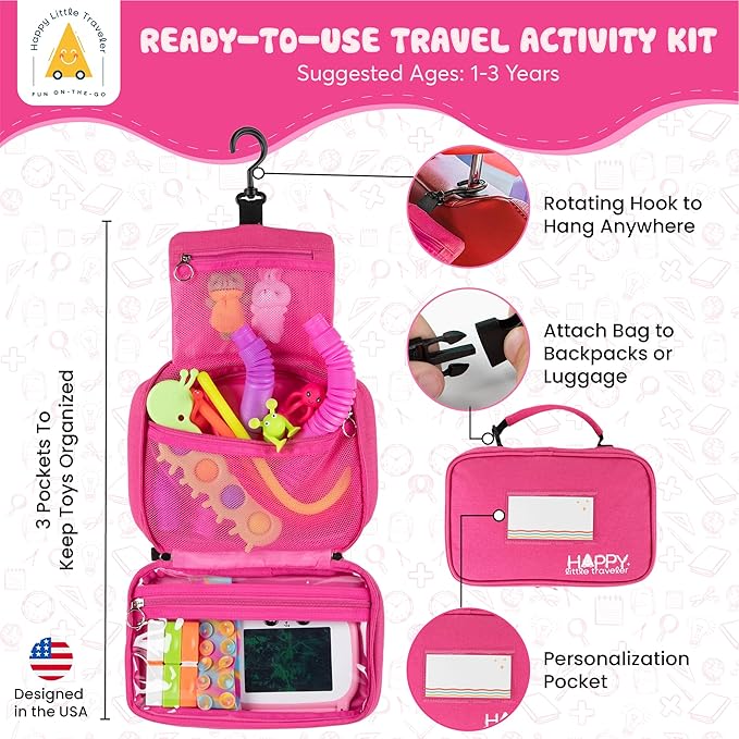 Travel Essentials for Kids – All-in-One Hanging Bag with Toddler Toys, Road Trip Activities for Kids, Sensory Toys & Travel Games for Airplane Trips, Car Rides - Boys & Girls 3+ Years, Toddler Pink