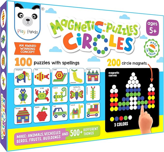 Magnetic Puzzle Circles | 100 guided Puzzles | 200 Tangram Puzzle Circles Magnets | Magnetic Board & Display Stand | STEM Educational Toy for Kids Ages 5+ years