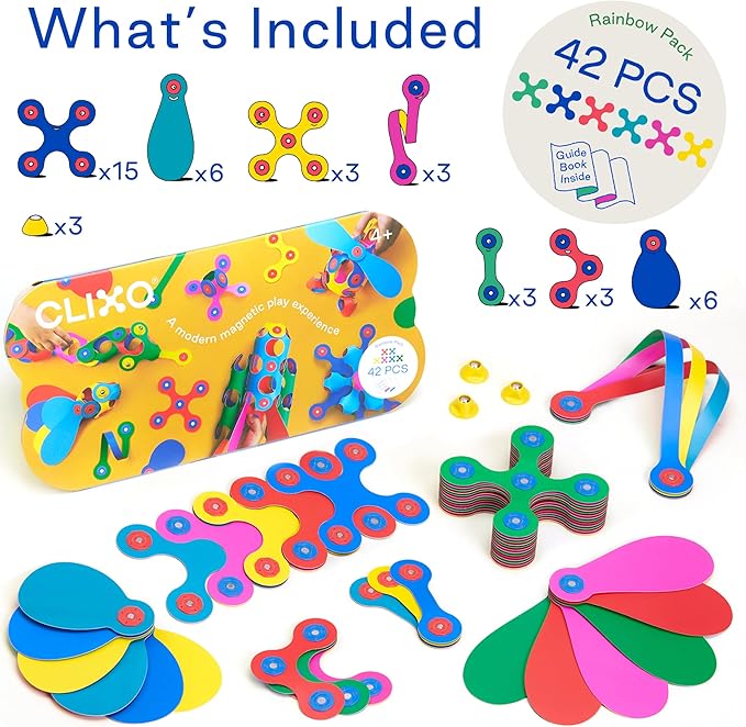 Clixo Rainbow 42 Piece Pack. Flexible Imagination Boosting Magnetic Building Toy. Modular Designs for Hours of STEM Play. Kids Basket Stuffer Gift. Multi-Sensory Magnet Toy, Travel Friendly. Ages 4-99