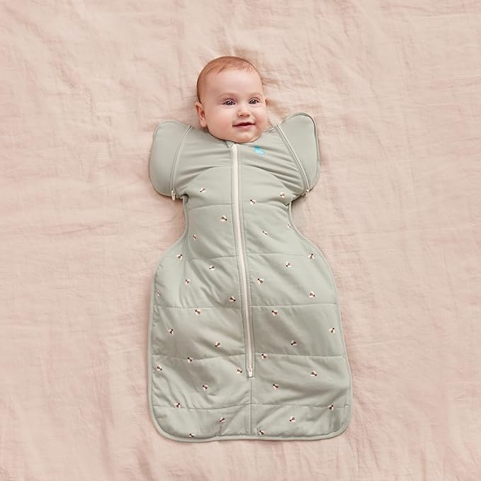 Love to Dream™ Swaddle UP™ Transition Bag, Large 8.5-11 kg, Bees Olive, Snug Fit, Zip-Off Wings, 2.5 TOG, for 16-20°C Temp, Machine Washable Quilted Stretch Cotton, 2 Zips, Easy Nappy Change