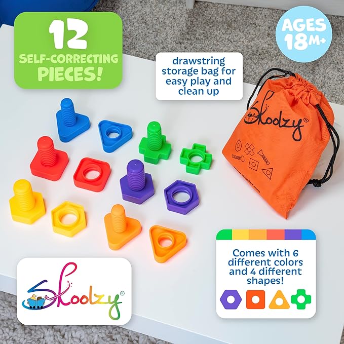 Skoolzy Rainbow Lacing Beads & Nuts and Bolts - 24 Piece Shape Sorter and 37 Piece Color Recognition Montessori Toy Sensory Bundle for 36+ Months Toddlers & Occupational Therapy Fine Motor Skills Game