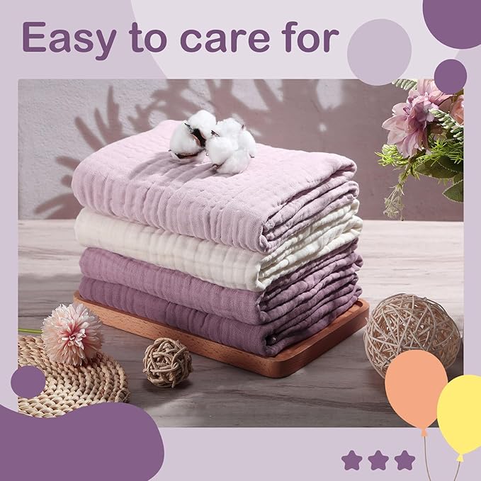 Peryiter 4 Pcs Muslin Hooded Baby Towels, 32"x 32" Cotton Newborn Bath Towel Muslin Infant Baby Blankets Absorbent Unisex Christmas Registry Gift Essentials for Girls Boys (Purple Series)