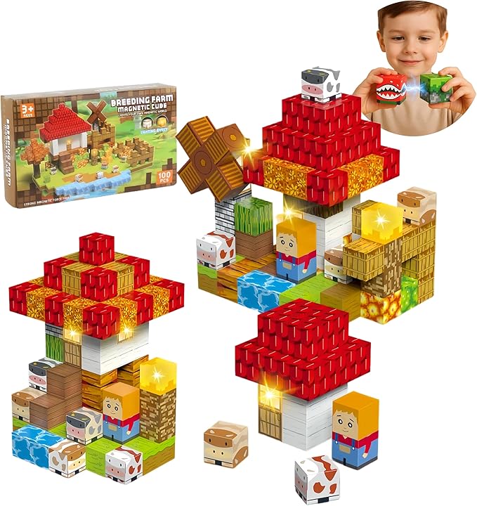 100 Pcs Magnetic Building Blocks, Enhance STEM Learning, Creative Play & Logical Thinking, Durable & Vibrant Color with Light Up Blocks, Ideal for Classroom & Screen-Free Entertainment (Farm)