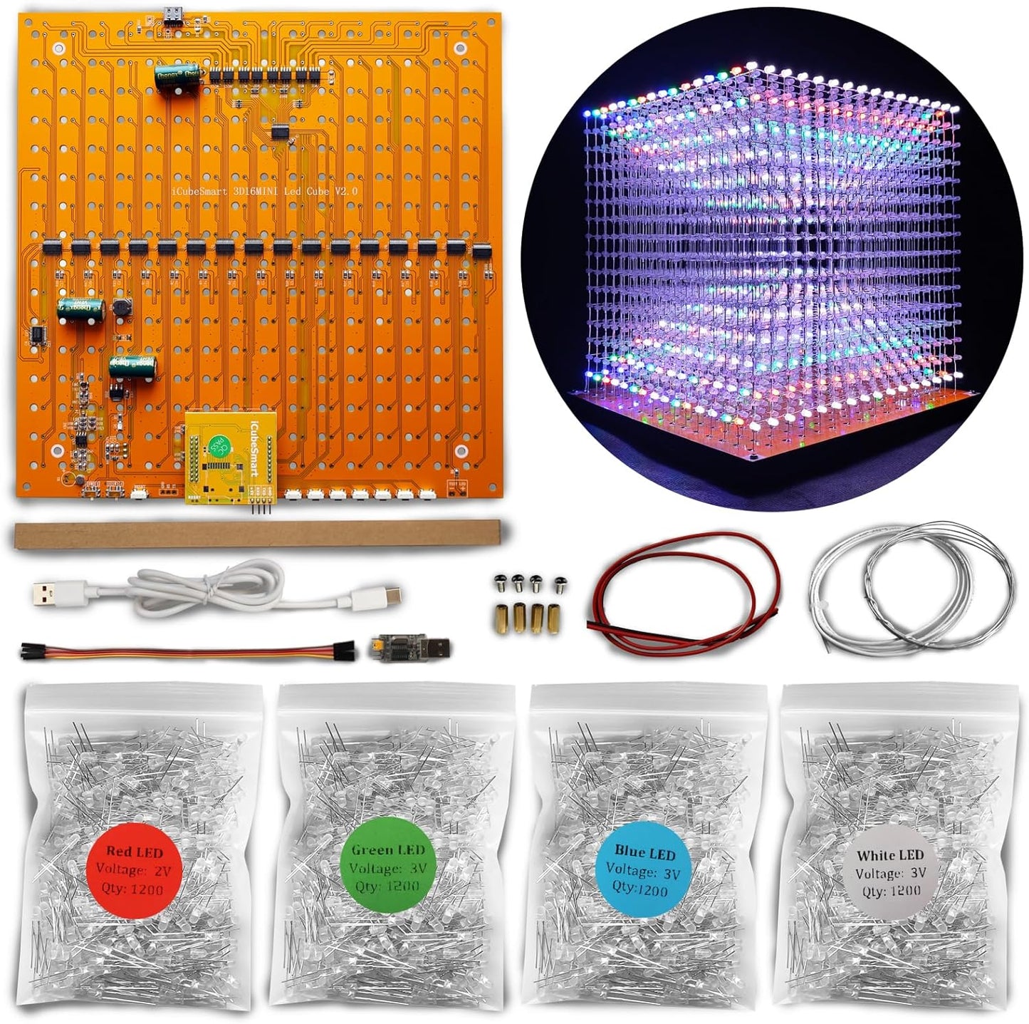 Mini 3D Led Cube DIY Electronics Kit Soldering Project Kit (3D16MINI-MULTI4-KIT)