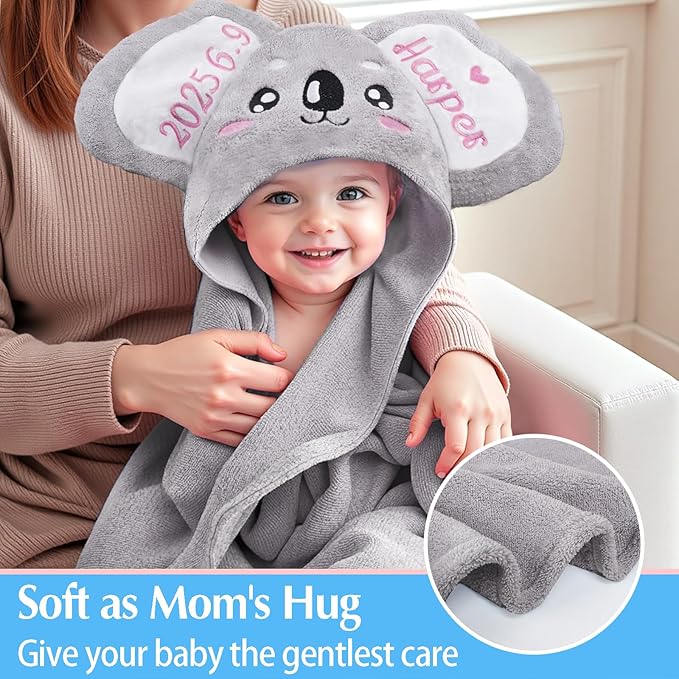 Custom Hooded Baby Towel with Name, Soft and Absorbent Customized Koala Toddler Towels, Baby Bath Towel for Boys and Girls, Easter Birthday Towel for Kids，Babies, Toddlers, Newborns Essential