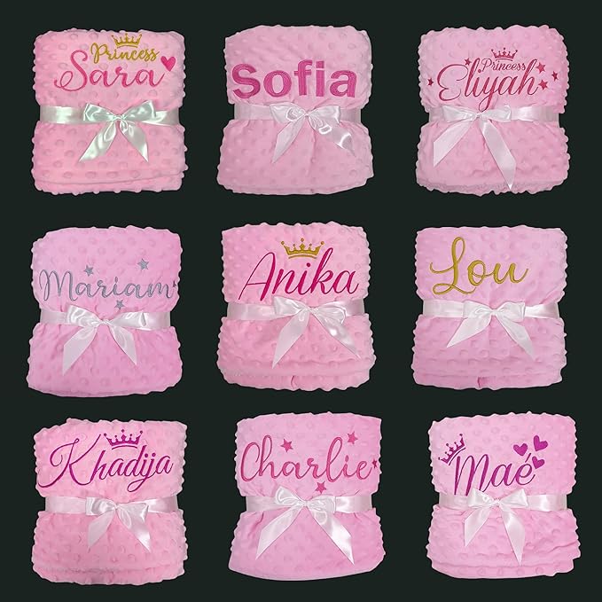 Personalized Baby Blankets for Girl, Custom Baby Blanket with Name, Embroidered Soft Minky Fleece Plush Sherpa Toddler Crib Stroller Blanket, Customized Newborn Birthday Gift Set, 27 * 35 Inch-Pink