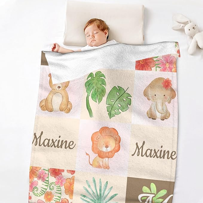 Personalized Baby Blanket for Girls Boys Animals Custom Baby Blanket with Name Swaddle Blanket for Toddlers Infants Kids Shower Newborns Nursery Stroller Crib Decor Throw Birthday Gift