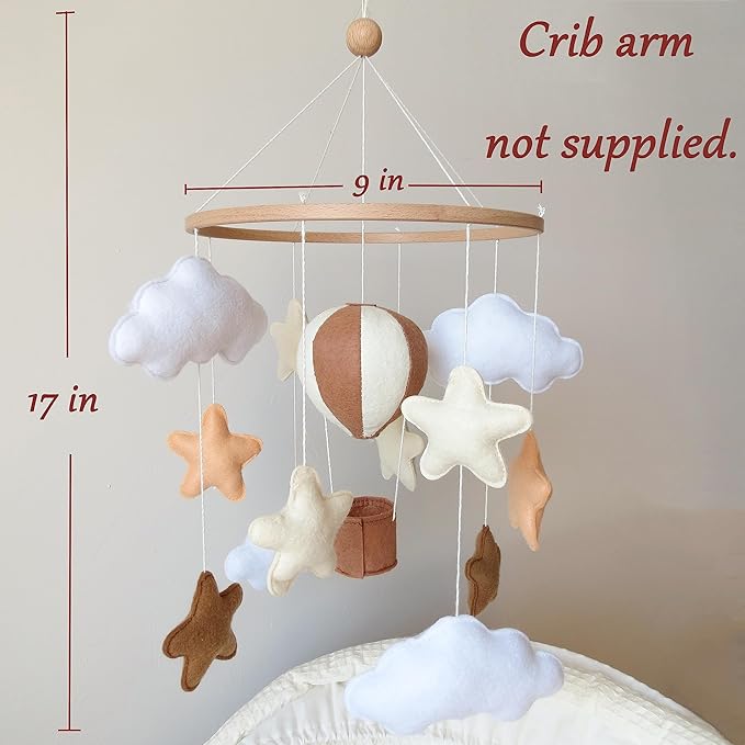 Neutral Hot Air Balloon Mobile for Crib Boho Baby Crib Mobile for Girls Boys Stars & Clouds Hot Air Balloon Baby Mobile for Crib