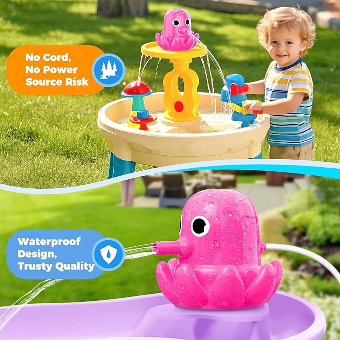 Water Table Pump Octopus, Cordless Rechargeable Pump for Water Tables with Magnetic Mounting, No Drill Installation, Durable Outdoor Water Play Accessories for Kids & Toddlers (Pink)