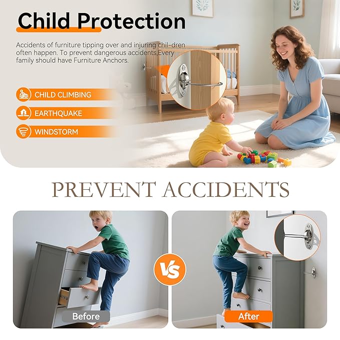 4 Packs Anti Tip Furniture Anchors for Baby Proofing, Furniture Wall Anchor Securing 500 lbs for Keep Kids Safety, Earthquake Resistant Straps for Dresser, Desk, Wardrobe