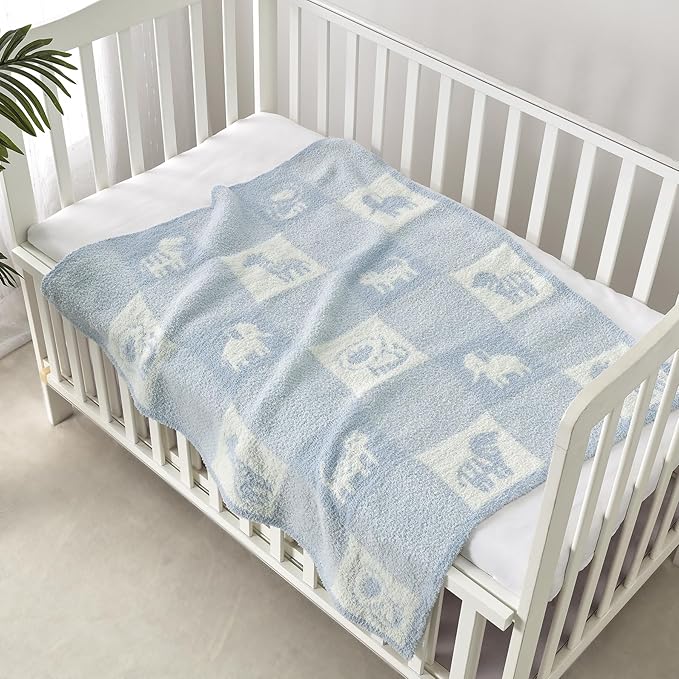 CREVENT 30"X40" Cozy Soft Warm Knitted Baby Blanket for Girls Boys, Newborn Essentials for Infant, Baby Shower Receiving Gift - Animal Blue 75X100cm