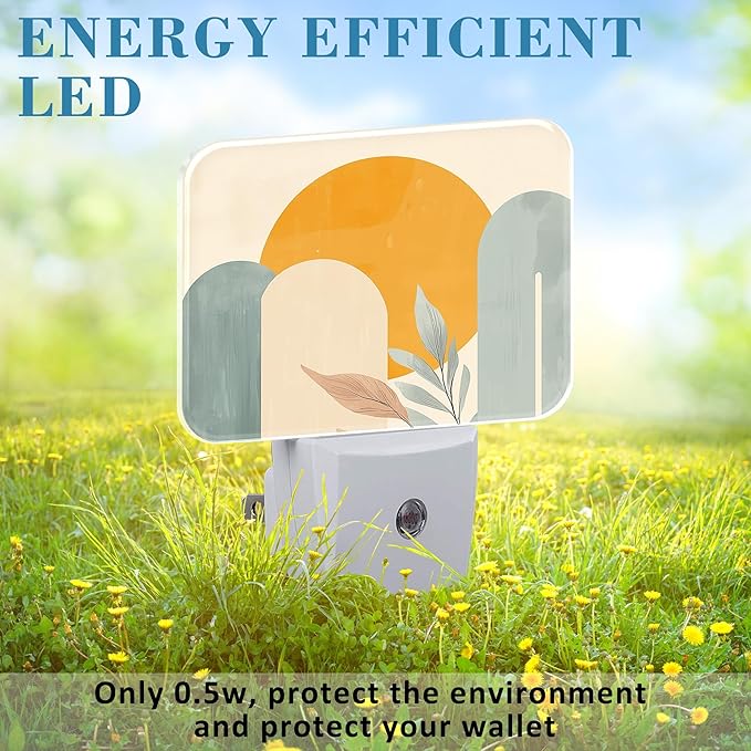 Boho Sun and Leaves Night Light Plug into Wall, Bohemian Abstract Art Night Light with Dusk to Dawn Sensor for Kid Girls Boys Women Men Room, Hallway, Kitchen, Bathroom, Stairs Decor