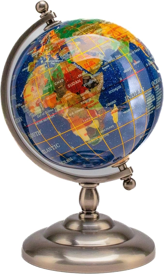 KALIFANO 7” Tall Gemstone Globe with Vibrant Polished Lapis Ocean and Mosaic Crystal Continents - World Globe with Metal Stand for Office & Home Décor