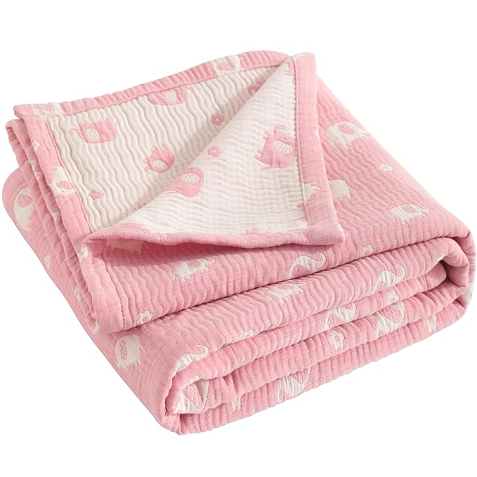 NTBAY 3 Layer Muslin Cotton Toddler Blanket, Jacquard Reversible Nursery Bed Blanket, Super Soft and Thermal for All Seasons, Decoration Gift, 30"x40", Pink Elephant