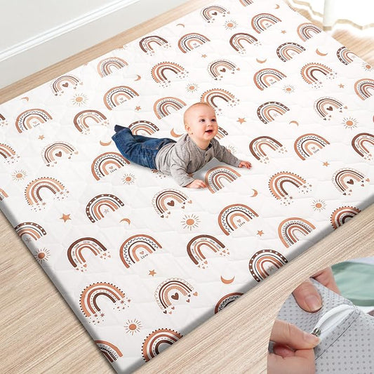 Premium Foam Baby Play Mat 71" x 59" with Removable Cover, Extra Thick Padding Playpen Mat, Non-Slip Floor Mat, Stylish & Easy to Clean for Crawling Baby, Infants & Toddlers, Rainbow