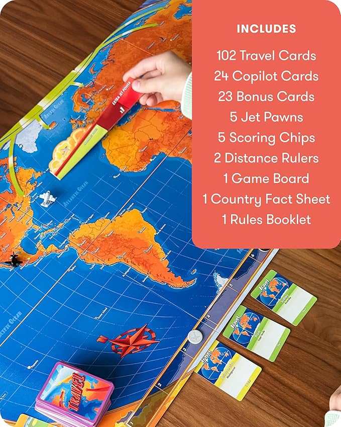 SimplyFun Let’s Jet World Geography Game - Educational Board Game for Kids Ages 8+ - World Travel Game with Map, Cards, and Jet Pawns