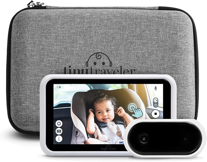 Tiny Traveler Baby Monitor Portable Baby Car Camera with Add-On Camera & Travel Kit, Night Vision HD 720p 5" Touchscreen, Battery Powered, Split-Screen, Travel Pouch Included - White