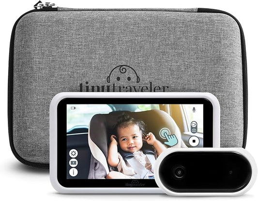 Tiny Traveler Baby Monitor Portable Baby Car Camera with Add-On Camera & Travel Kit, Night Vision HD 720p 5" Touchscreen, Battery Powered, Split-Screen, Travel Pouch Included - White