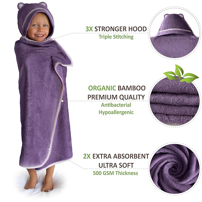 Premium Toddler Towels with Hood - Extra Soft Rayon from Bamboo Toddler Bath Towel (Purple)