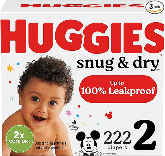 Huggies Size 2 Diapers, Snug & Dry Baby Diapers, Size 2 (12-18 lbs), 222 Count (3 Packs of 74), Packaging May Vary