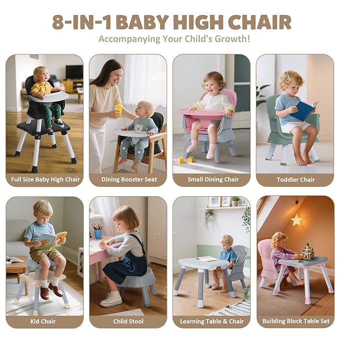 Baby High Chair, 8 in 1 Convertible Highchairs for Babies and Toddlers, Children Dining Booster Seat/Kids Building Block Table for Girls Boys, Baby Seat with Removable Tray, Chevron
