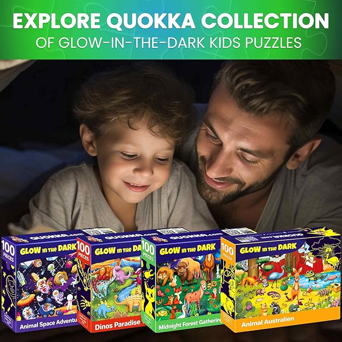 QUOKKA 4x100 Piece Puzzles for Kids Ages 6-8 – Glow-in-The-Dark Puzzles for Kids 8-10 – Space, Dinosaurs, Animals – Fun Educational Puzzle for Boys & Girls – Learning Games & Space Toys Gift for Kid